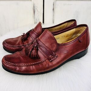 Vintage FRENCH SHRINER Cognac Brown Leather Kiltie Tasseled Loafer Shoes Mens 8